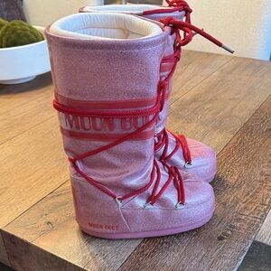 Moon Boot Glittery Pink Boots with Red Accents